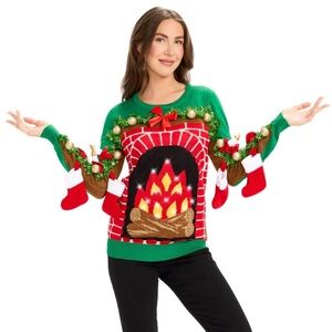 Tipsy Elves Women’s Festive Fireplace Light Up Ugly Christmas Sweater